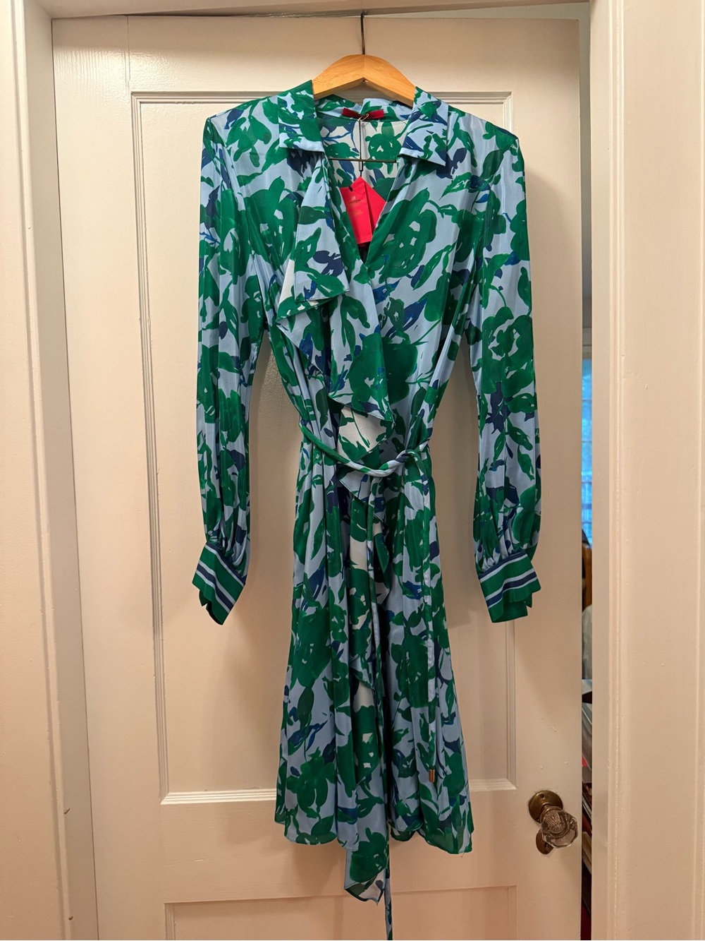 Carolina Herrera Green Floral Tie-Waist Wrap Dress- Silk